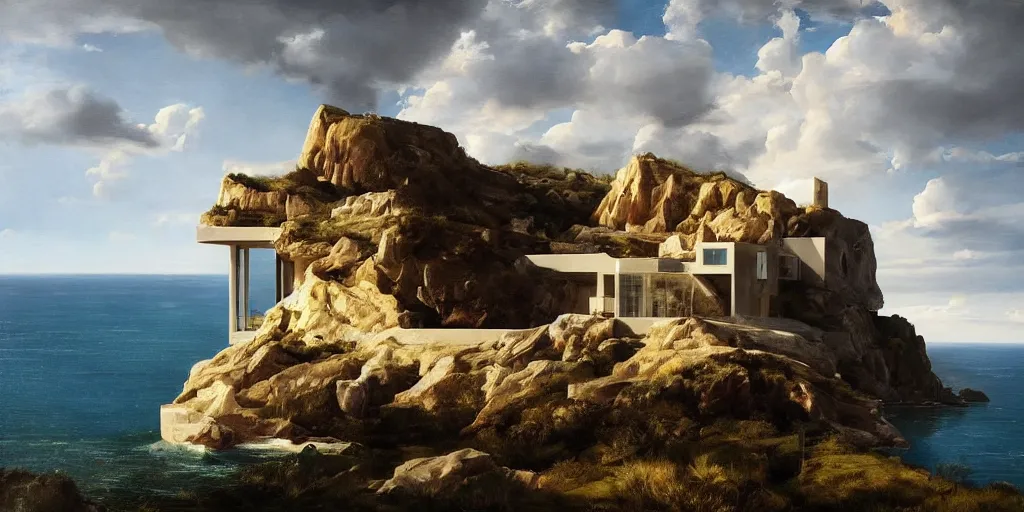 Prompt: beautiful oil matte portrait painting, modern house on top of a cliff designed by zaha hadid, wonderful masterpiece, highly detailed, beautiful cinematic light, deep focus, elegant, digital painting, smooth, sharp focus, golden ratio, dramatic illumination, ultra realistic, 8 k, art by artemisia lomi gentileschi and caravaggio