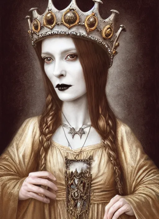 Prompt: highly detailed closeup portrait of a goth medieval princess wearing a crown and sitting on a throne, nicoletta ceccoli, mark ryden, earl norem, lostfish, global illumination, god rays, detailed and intricate environment