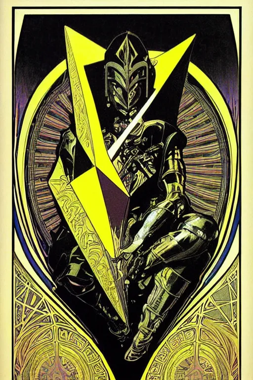 Image similar to black and yellow technicolor color risoprint, alphonse mucha, richard corben, wayne barlowe, moebius, heavy metal comic cover art, psychedelic triangular lich in heavy shoulders armor, very intricate, thick outline, full body, symmetrical face, long black crown, in a shapes background, galactic dark colors