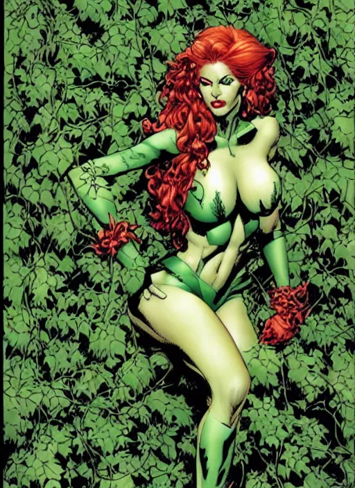 Image similar to dc comics poison ivy character sitting in a throne made of vines art by joe chiodo, travis charest