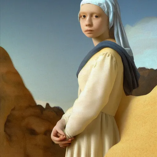 Prompt: a portrait of a beautiful young girl with white long dress crying in a desert by vermeer and line design by michael angelo , baroque, neo Gothic,matte painting, baroque detailes,photo real,concept art,highly detailed,sharp lines, hdri, 4k