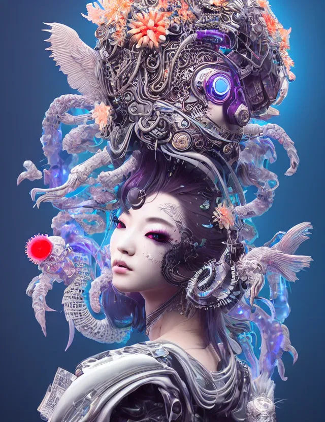 Image similar to 3 d goddess close - up profile portrait cyberpunk with ram skull. beautiful intricately detailed japanese crow kitsune mask and clasical japanese kimono. betta fish, jellyfish phoenix, bio luminescent, plasma, ice, water, wind, creature, artwork by tooth wu and wlop and beeple and greg rutkowski