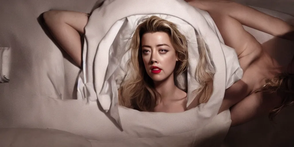 Image similar to amber heard uses a bed as a toilet, motion blur, real life, spotted, leaked, ultra realistic face, accurate, 4 k, movie still, uhd, sharp, detailed, cinematic, render, modern