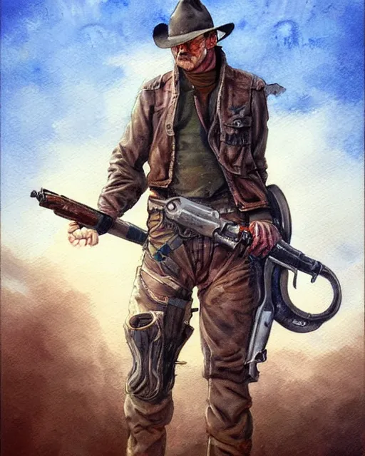 Image similar to a oil / watercolor painting full body character portrait of a turbine gunslinger in the style of moebius in the style of leonard boyarsky trending on artstation deviantart pinterest detailed realistic hd 8 k high resolution