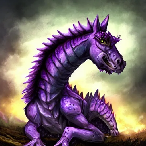 Image similar to violet fantasy crocodile horse hybrid, graveyard background, hearthstone coloring style, epic fantasy style art, fantasy epic digital art