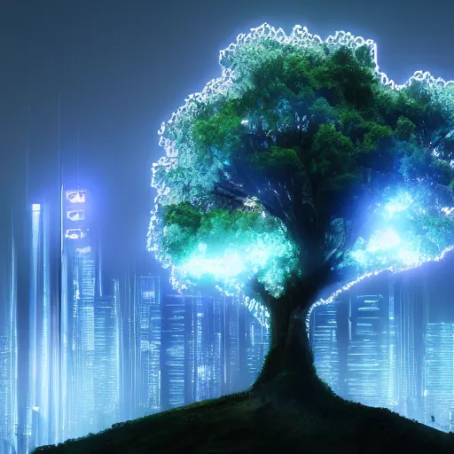 Image similar to tree on top of a hill, light network of blue electrodes in the tree, dawn, cyberpunk, trending on artstation, 8K