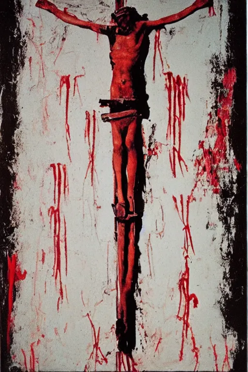 Image similar to bloody jesus christ crucified painted by cy twombly and andy warhol