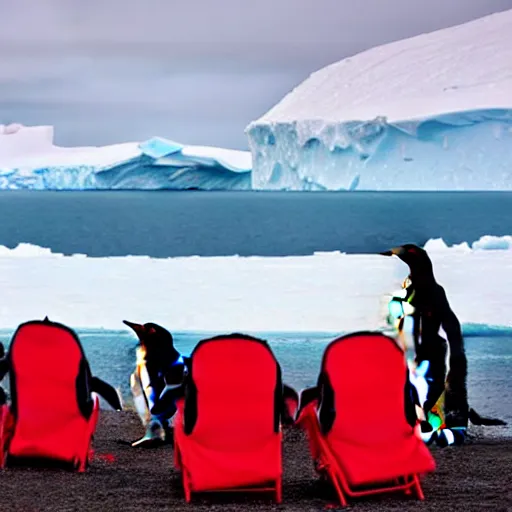 Image similar to a red camping chair in the middle of antarctica. the chair is far away from the camera and the chair is surrounded by a group of penguins.