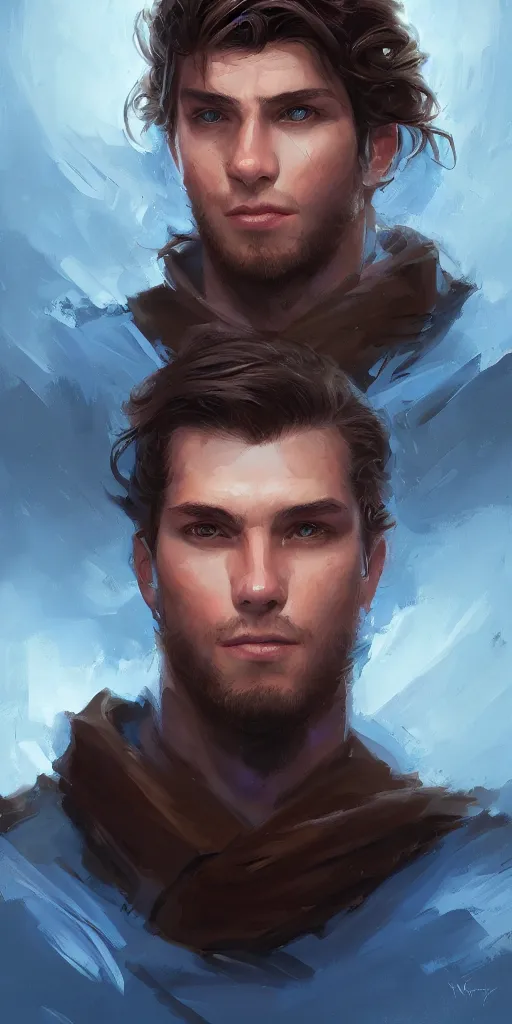 Prompt: handsome young man face, brown wavy hair, glowing blue eyes, portrait, by artgerm, by greg rutkowski, by noah bradley, digital avedon