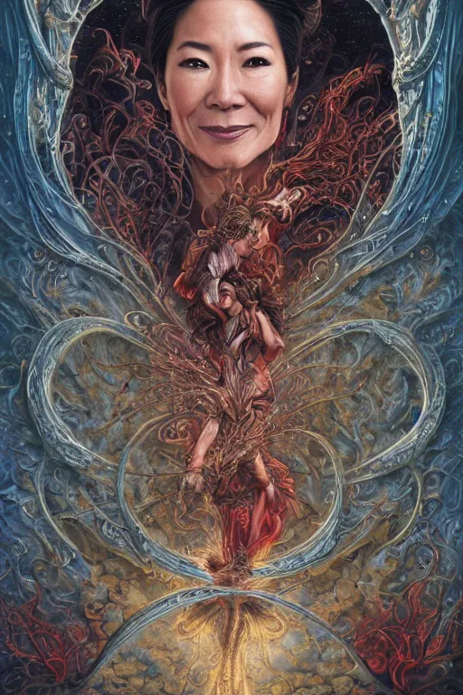 Prompt: A beautiful detailed tarot card of Michelle Yeoh, by tomasz alen kopera and Justin Gerard, symmetrical features, ominous, magical realism, texture, intricate, ornate, royally decorated, whirling smoke, embers, red adornements, red torn fabric, radiant colors, fantasy, trending on artstation, volumetric lighting, micro details, 3d sculpture, ray tracing, 8k, anaglyph effect