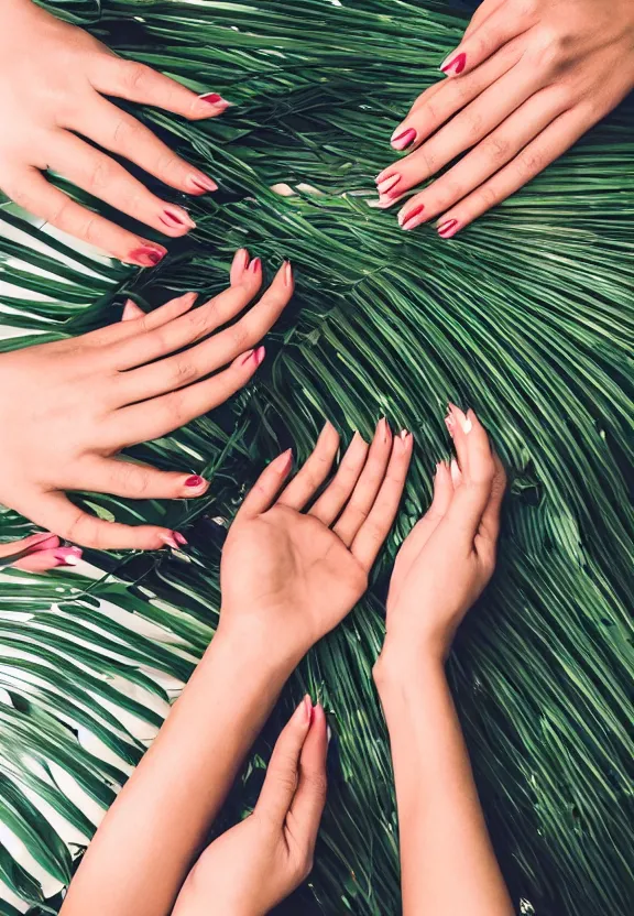 Image similar to an instagram photo of two ultra detailed woman's palms lying on the table, instagram photo, studio photo