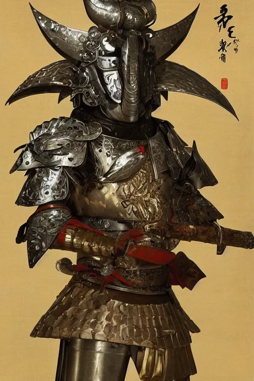 Image similar to close up of a wandering samurai in full armor resembling dragon skin and a helmet resembling a dragon head, resting in a dark bamboo forest, by huang guangjian and gil elvgren, sachin teng, greg manchess