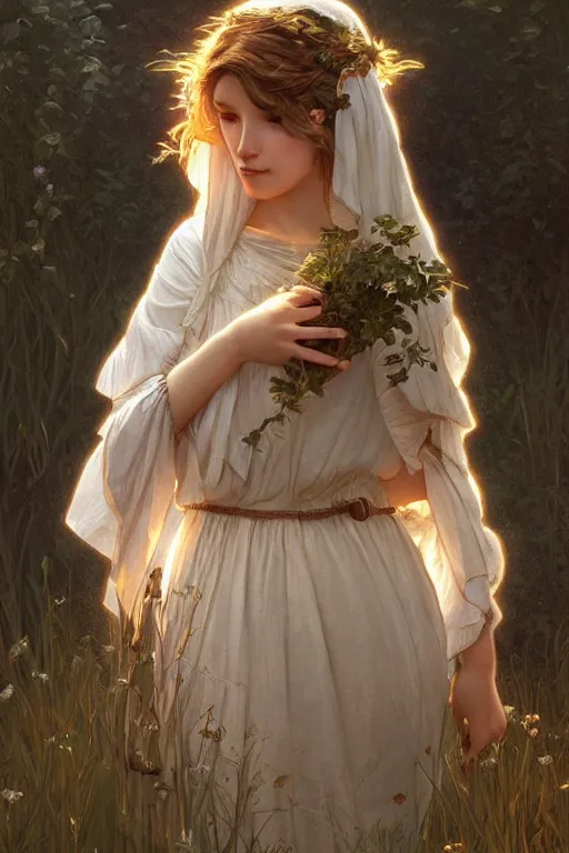 Image similar to beautiful cottagecore young peasant maiden, innocent, intricate, elegant, highly detailed, digital painting, artstation, concept art, smooth, sharp focus, illustration, art by artgerm and greg rutkowski and alphonse mucha