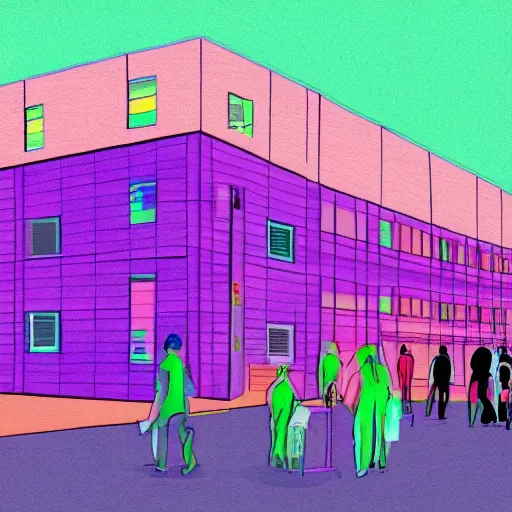 Prompt: people are gathering at a purple neon building, digital drawing, 4 k, trending, maddy style