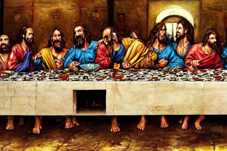Prompt: The Last Supper repainted by Simon Bisley