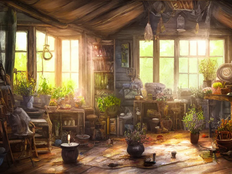 Image similar to expressive rustic oil painting, interior view of a cluttered herbalist cottage, waxy candles, wood furnishings, herbs hanging, light bloom, dust, ambient occlusion, morning, rays of light coming through windows, dim lighting, brush strokes oil painting