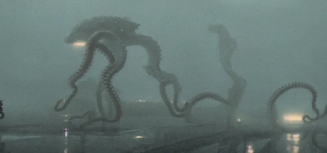 Prompt: a robotic octopus climbing out of a storm drain, foggy, cinematic shot, photo still from movie by denis villeneuve, wayne barlowe