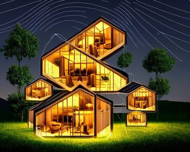 Prompt: connected ecovillage houses - plant goddess high quality photo, microchip, artificial intelligence, bio - mechanical bio - luminescence, black wired cables, neurons, nerve cells, cinematic, rim light, photo - realistic, elegant, high detail, 8 k, masterpiece, high fashion, in the style of man ray