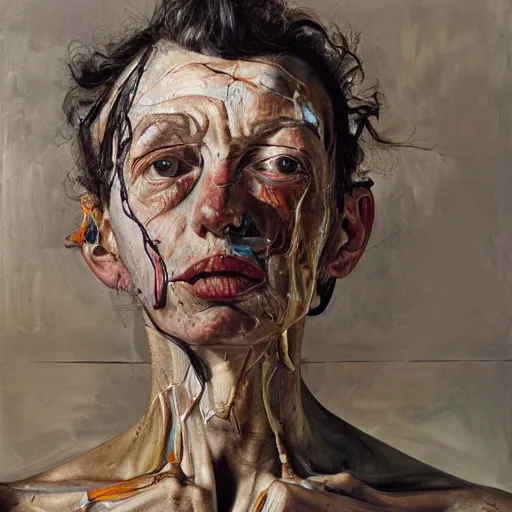 Image similar to high quality high detail painting by lucian freud and jenny saville, hd, human with 4 arms, turquoise