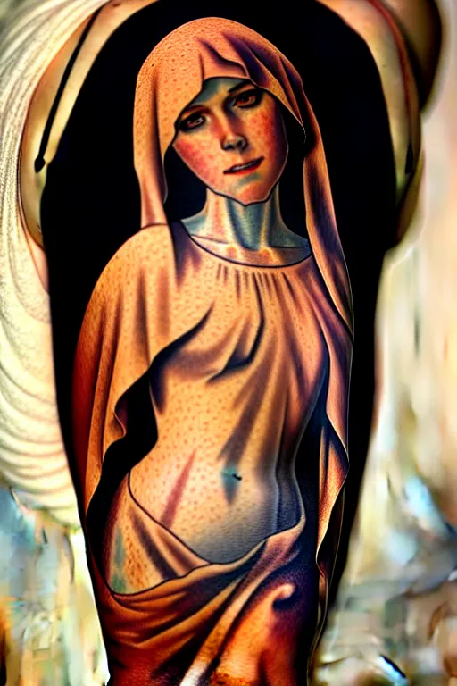 Image similar to a highly detailed and realistic photo of the virgin mary cosplay, tattooed body, artstation, 4 k, correctly anatomy, good light