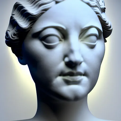 Image similar to sci - fi cgartist wide shot anaglyph ambient occlusion rendering of a hyper realistic marble greek statuary beautiful goddess glowing with embedded leds head product photo high key colored lighting, trending on artstation volumetric lighting