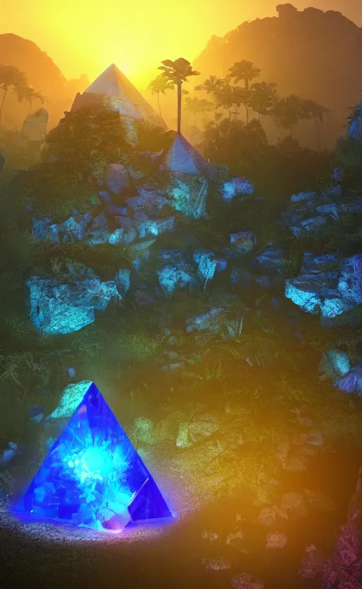 Prompt: a glowing blue crystal tetrahedron!!! in the middle of ancient ruins in a lush prehistoric jungle, inside a humongous cave, red and magenta flowers, sunset, godrays, orange and blue sky, haze, volumetric lighting, digital render, photorealistic, unreal engine 5, ultra detail, trending on artstation