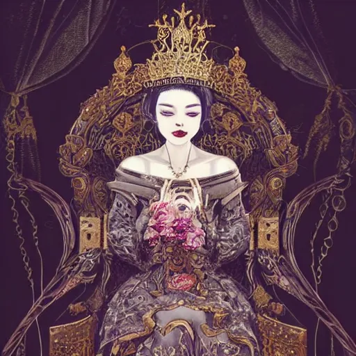 Image similar to a beautiful black haired woman with pale skin and a crown on her head sitted on an intricate metal throne, flower decoration on the background, beautiful illustration, atmosphere, top lighting, perfect composition, smooth, highly detailed, art by so - bin and yuhong ding and chengwei pan,