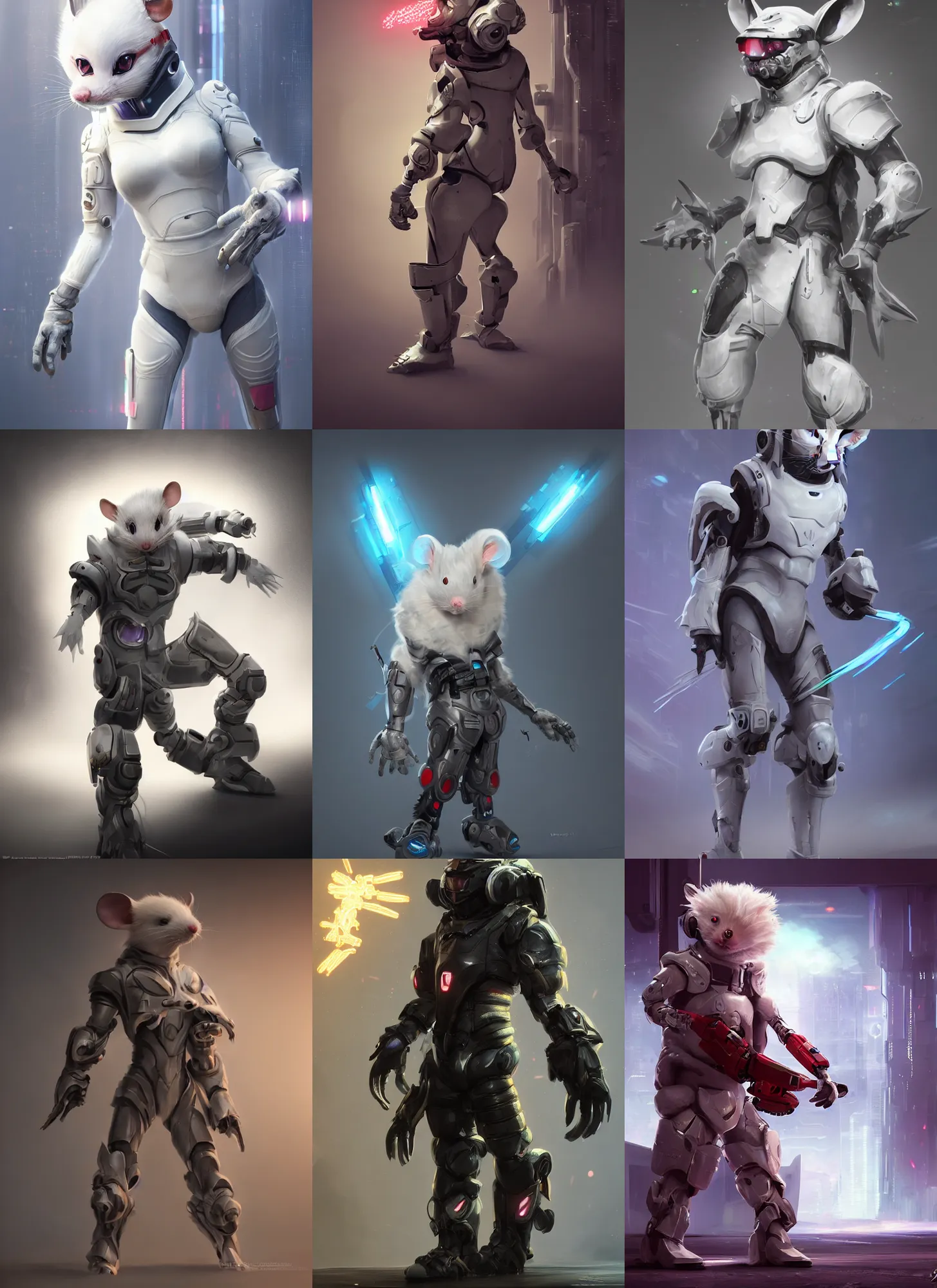 Prompt: full body character of an antropomorphic white haired mouse technomage in light tech armor charging a spell in one hand, high detail, scifi, cyberpunk style, soft studio lighting, digital painting, concept art, octane render