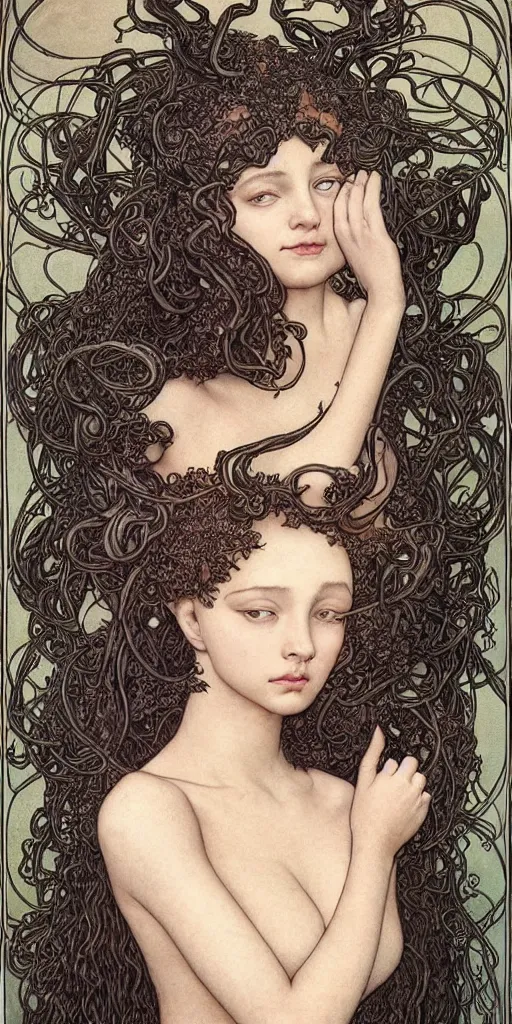 Image similar to a beautiful hyperrealistic portrait pose of a stunning Medusa model in a black glossy scaled dress, intricate, elegant, highly detailed, smooth, sharp focus, award-winning, masterpiece, in the style of Moebius, Brian Froud, John Bauer, Alphonse Mucha