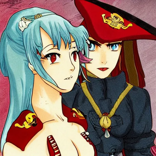 Prompt: a scene of a stare down between two beautiful female pirate captains, detailed anime art