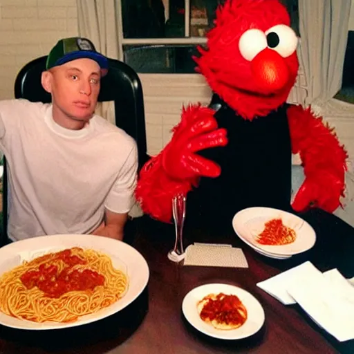 Prompt: Eminem having a romantic spaghetti dinner with Elmo