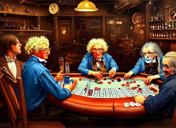 Image similar to playing poker in a saloon, Isaac Newton and Stephen Hawking and Albert Einstein, by Mandy Jurgens, trending on artstation, Richard Schmid and norman rockwell