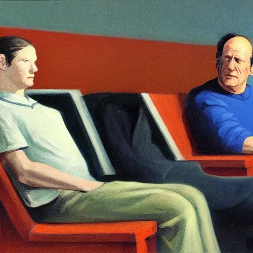 Image similar to werner herzog sits in the waiting room at the dmv, holding boltcutters. style of edward hopper, award winning, photo realistic, dynamic lighting, very detailed face, 4 k, chris ware