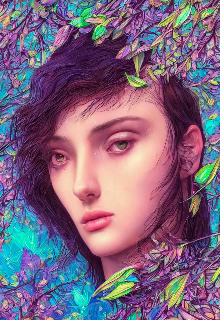 Prompt: beautiful, young woman, detailed gorgeous face, sad eyes, crying, vaporwave aesthetic, synthwave, colorful, psychedelic, branches, digital art, butterflies, birds, digital painting, artstation, concept art, smooth, extremely sharp detail, finely tuned detail, ultra high definition, ultra sharp focus, illustration, art by artgerm and greg rutkowski and alphonse mucha