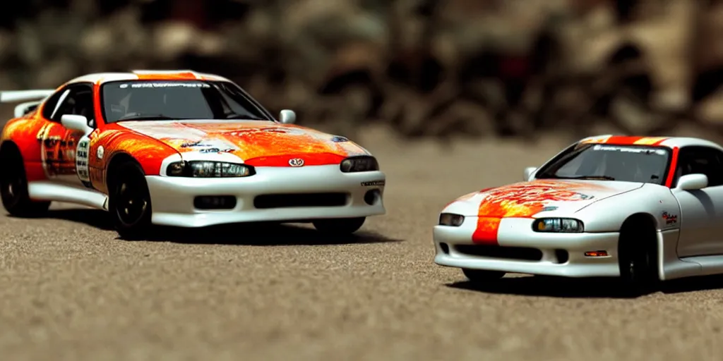 Prompt: The Fast and the Furious, 2001, Toyota Supra, 1994, 1995, 1996, 1997, 1998, Hot Wheels, cinematic, 8k, depth of field, bokeh. brian spilner, paul walker, intricate detail