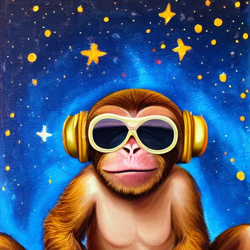 Image similar to a very detailed, 4 k painting of a monkey wearing golden headphones with shades looking up at the night sky filled with stars and galaxies