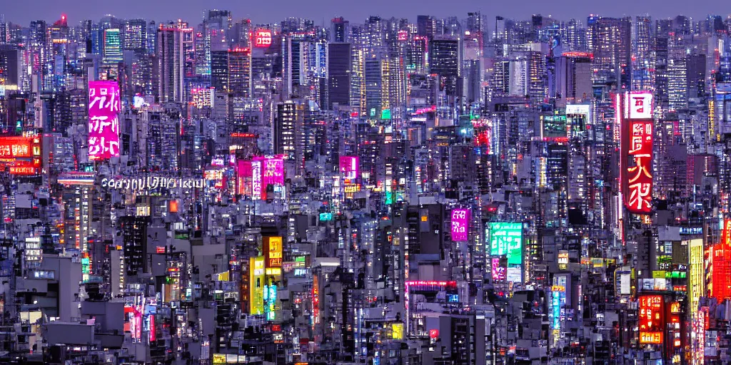 Prompt: tokyo japan cityscape view from a rooftop. closer buildings view, the city is full of bright, neon lights and towering skyscrapers, with a dark and gritty atmosphere, more significant buildings and signs on billboards like joker cards and brands, more neon lights purple and yellow, sharp, high res, acrylic painting