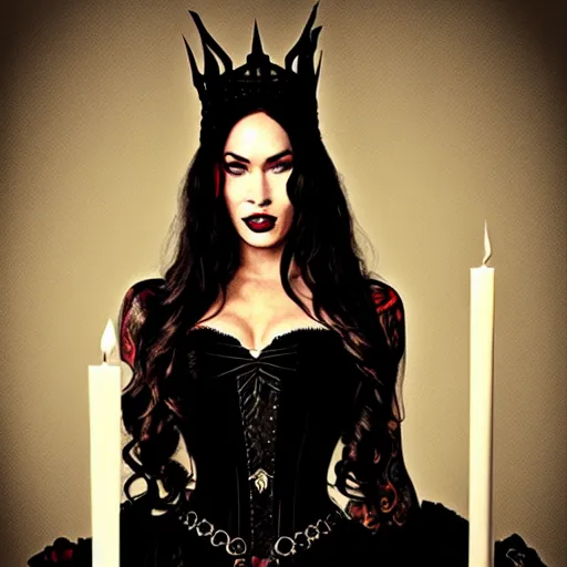 Image similar to megan fox witch queen, black eyes, blood, full body, intricate victorian dress, symmetrical eyes, rafael albuquerque, frank frazetta, moody lighting, candles