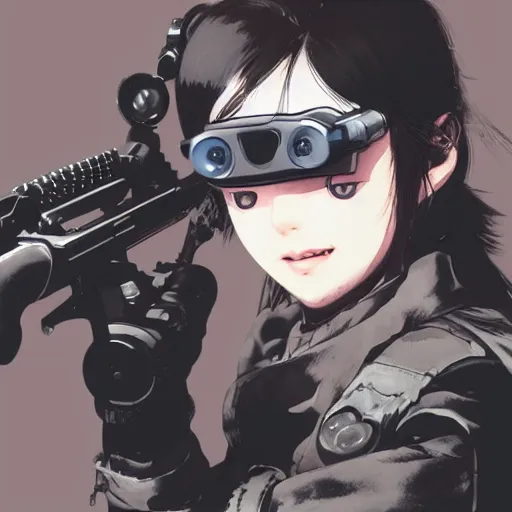 Prompt: girl silver ponytail hair, with night vision goggles, holding a gun, illustration by Yoji Shinkawa and Krenz Cushart, cinematic portrait