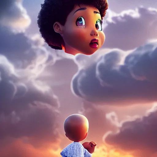 Image similar to stunning, coherent, impressive, detailed still of black a family in clouds, follow shot, 3d, in the style of pixar, comic book style, 3d, highly detailed, sharp focus, bokeh, depth of field, 16k resolution, Unreal Engine 5, coherent, cinematic lighting, photorealistic, by Zhang Jingna