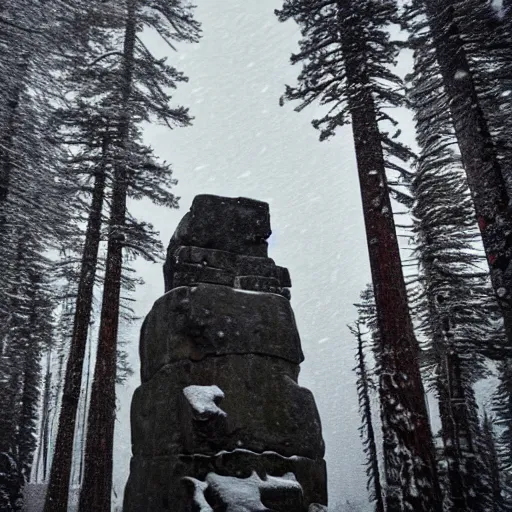 Image similar to a monolithic pillar temple in a taiga. snowing, overcast sky, grainy.