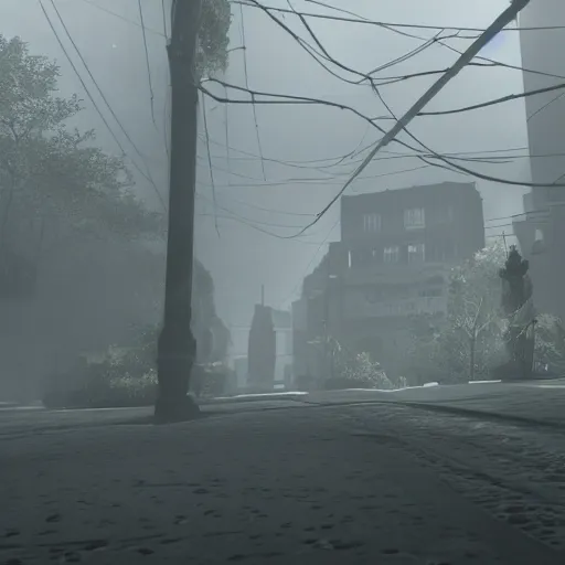 Image similar to playstation 5 screenshot of silent hill, overhead, intricate