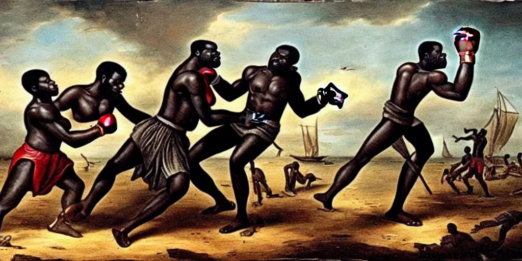 Image similar to giant african man punching a slave ship