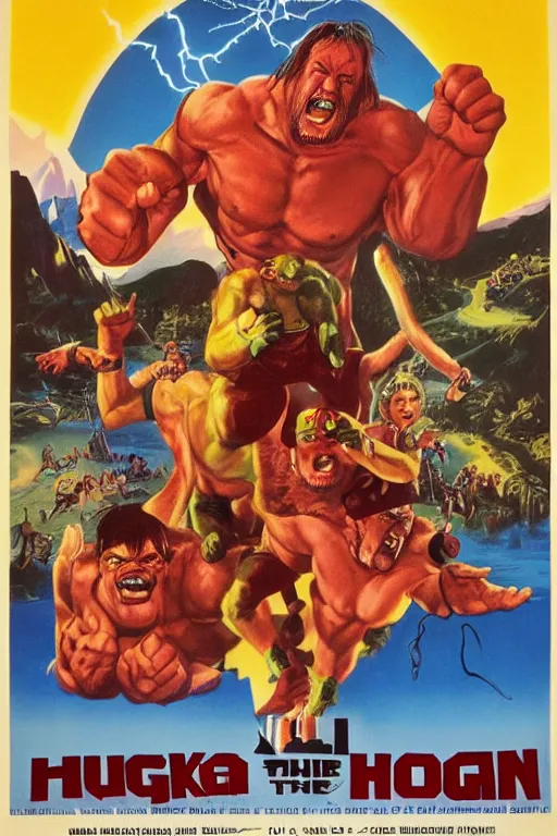 Image similar to vintage movie poster kulk kogan, hulk hogan, pointing dwarves, lightning, mountain, 1 9 8 2, drew struzan inspiration