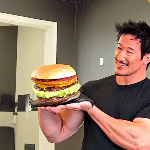 Image similar to Markiplier lifting a large hamburger