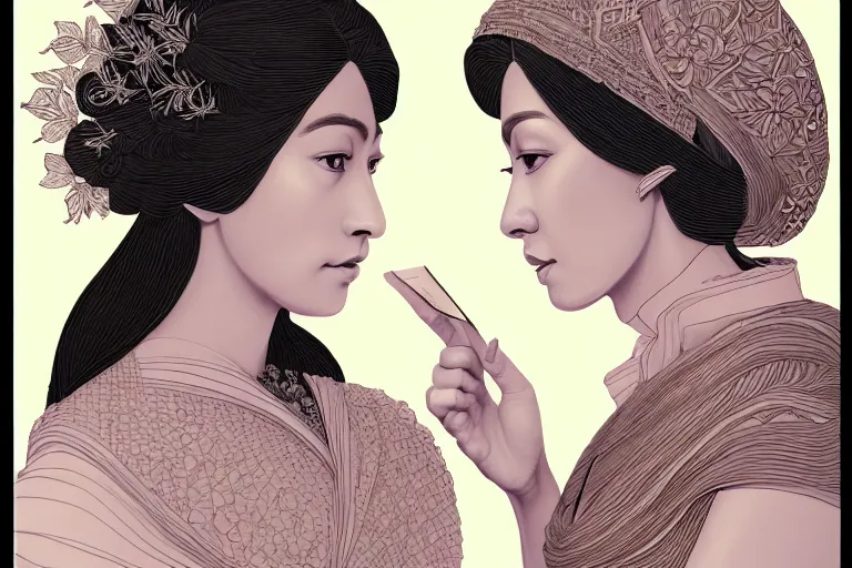 Image similar to portrait of two wise and very beautiful women discussing some texts appearing in a computer screen, art by fuji choko, intricate, elegant, highly detailed, smooth, sharp focus, artstation