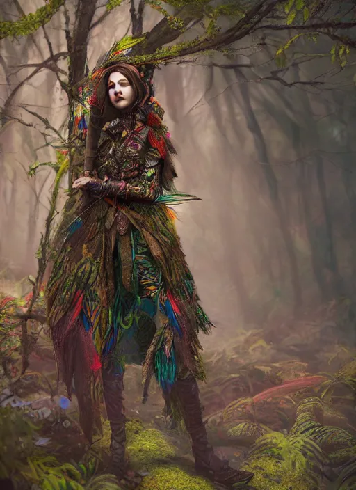 Prompt: detailed full body concept colorful fantasy painting of a forest huntress in intricate clothing, cinematic lighting, hyperdetailed, 8k, high resolution, insanely detailed and intricate, octane render