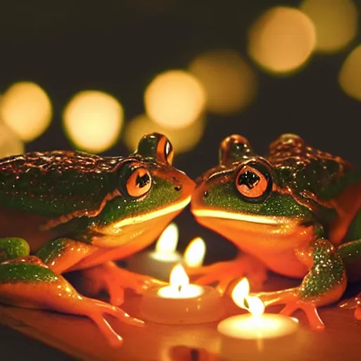 Prompt: intricate romantic candle light dinner of two frogs