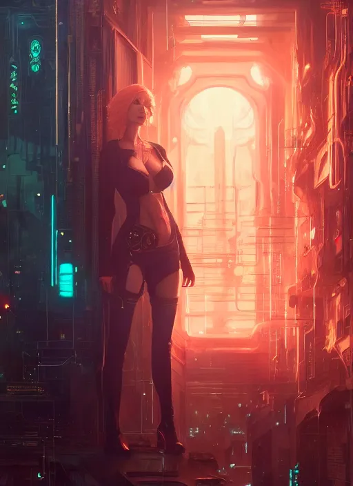 Image similar to highly detailed christina hendricks as a cyberpunk character, stephen bliss, unreal engine, fantasy art by greg rutkowski, loish, rhads, ferdinand knab, makoto shinkai and lois van baarle, ilya kuvshinov, rossdraws, tom bagshaw, global illumination, radiant light, detailed and intricate environment