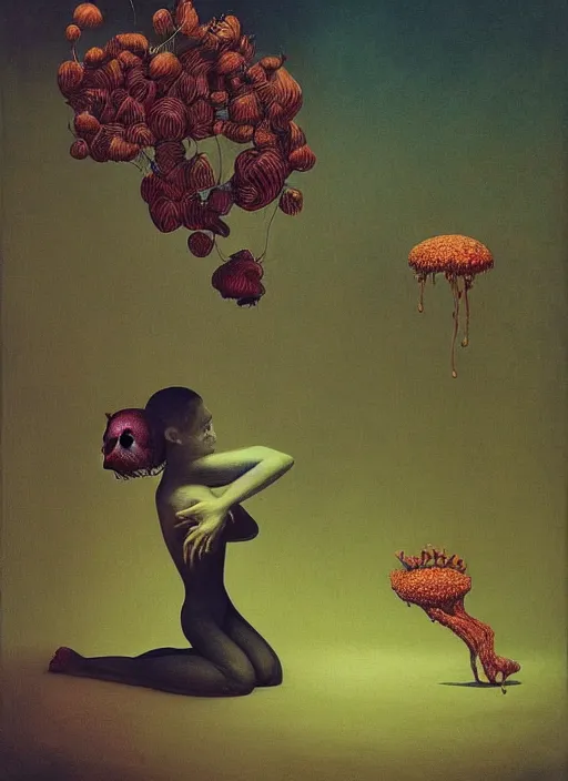 Image similar to She Eats of the Strangling Fruit and Her polyp blossoms bring iridescent fungal flowers whose spores black the foolish stars Edward Hopper and James Gilleard, Zdzislaw Beksinski, Mark Ryden highly detailed